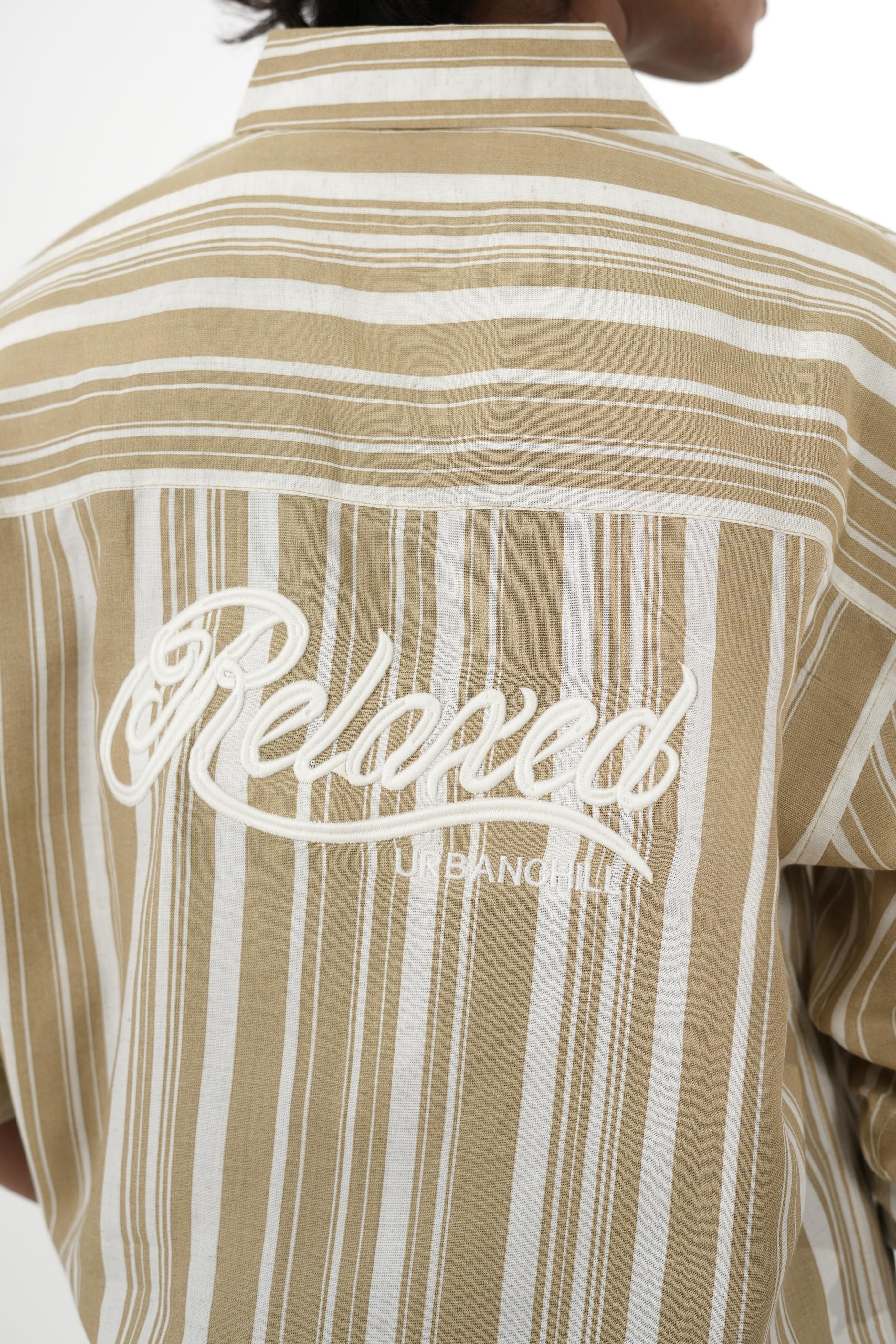 Biege Linen Striped Shirt with "Relaxed" Back Embroidery
