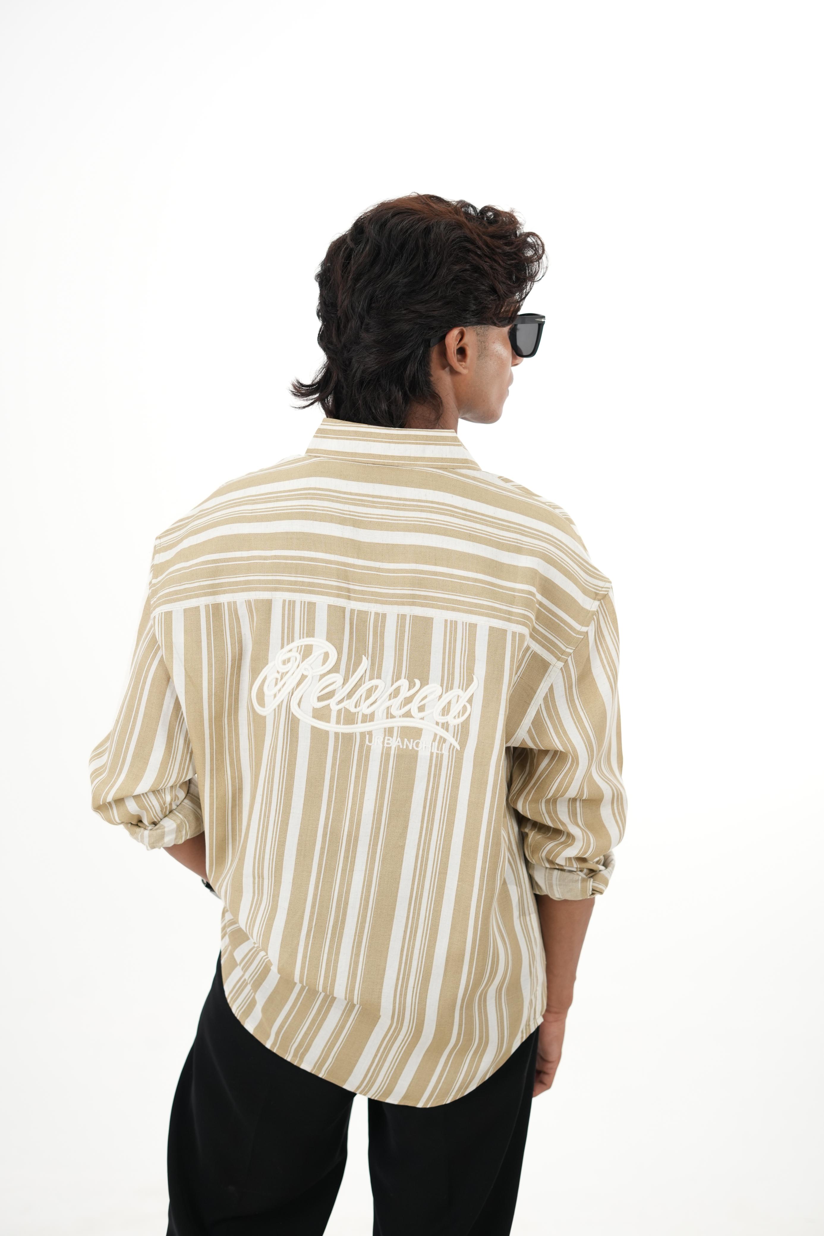 Biege Linen Striped Shirt with "Relaxed" Back Embroidery