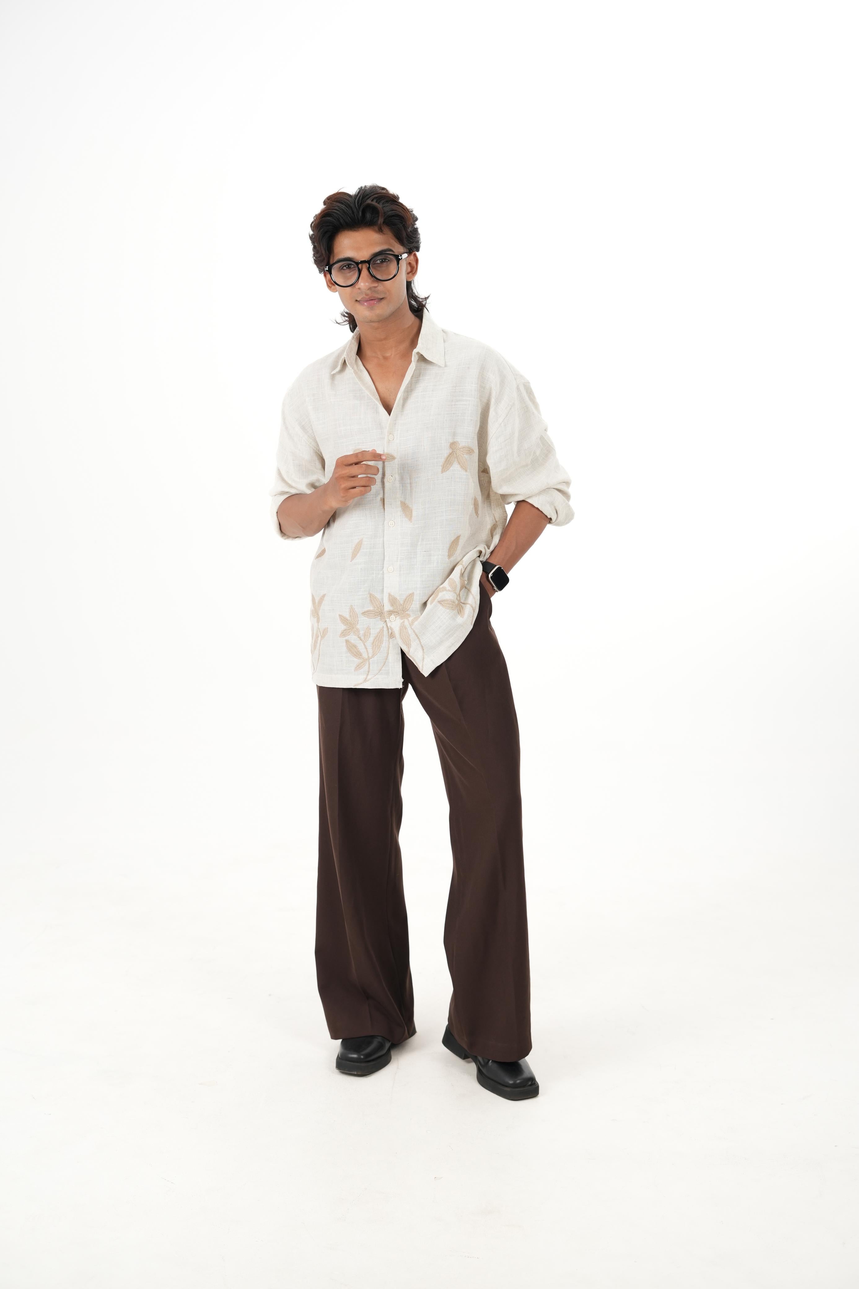 Oversized Off-White Linen Shirt with Leaf Embroidery