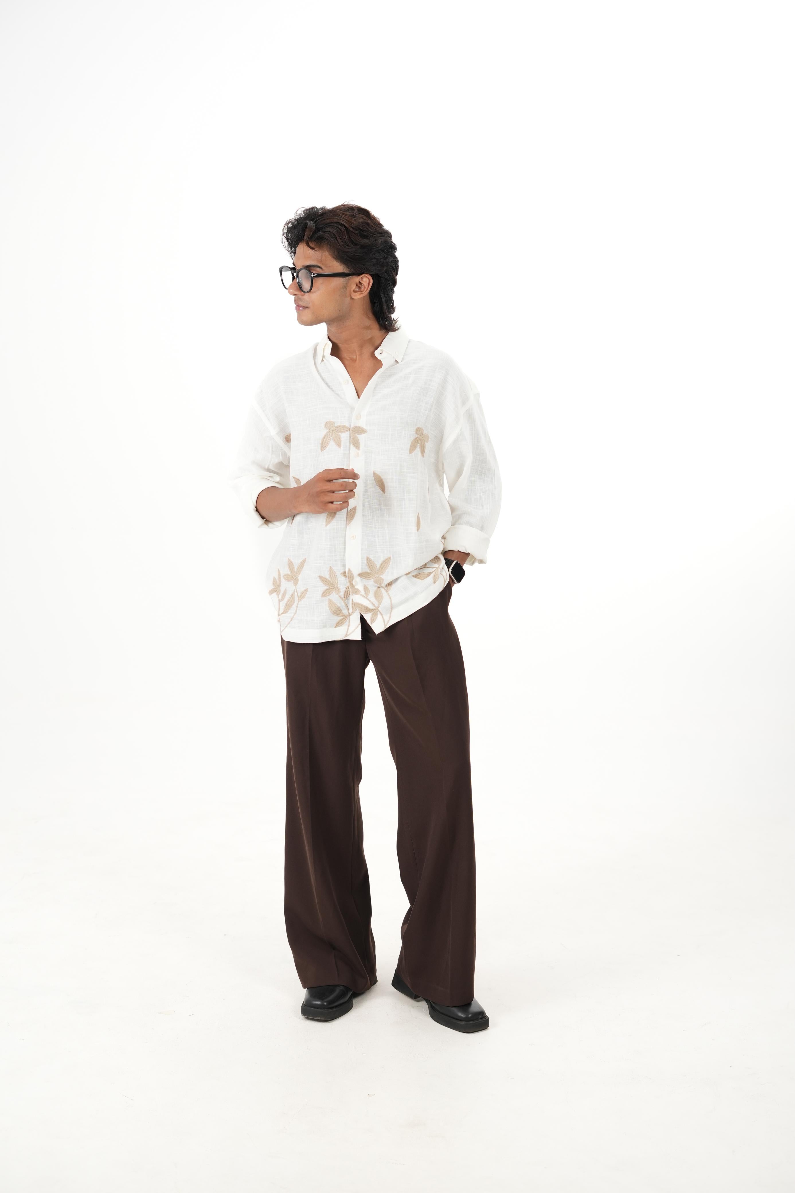 Oversized White Linen Shirt with Leaf Embroidery