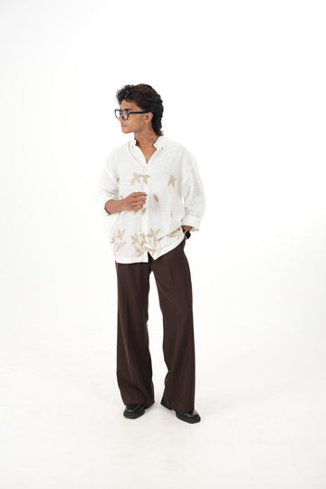 Oversized White Linen Shirt with Leaf Embroidery