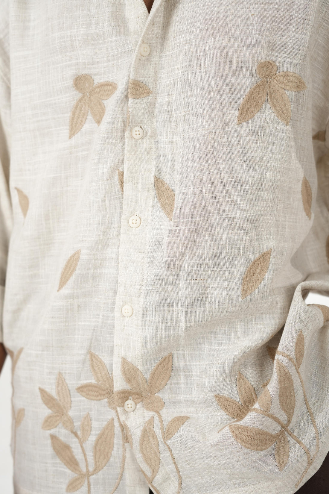 Oversized Off-White Linen Shirt with Leaf Embroidery