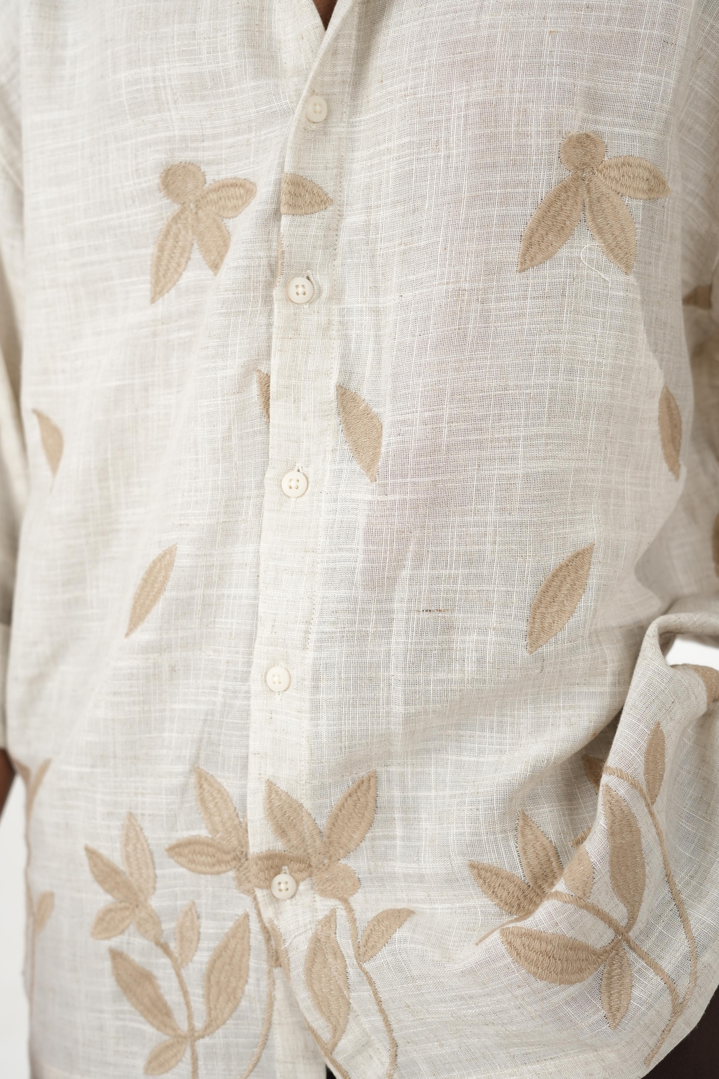 Oversized Off-White Linen Shirt with Leaf Embroidery
