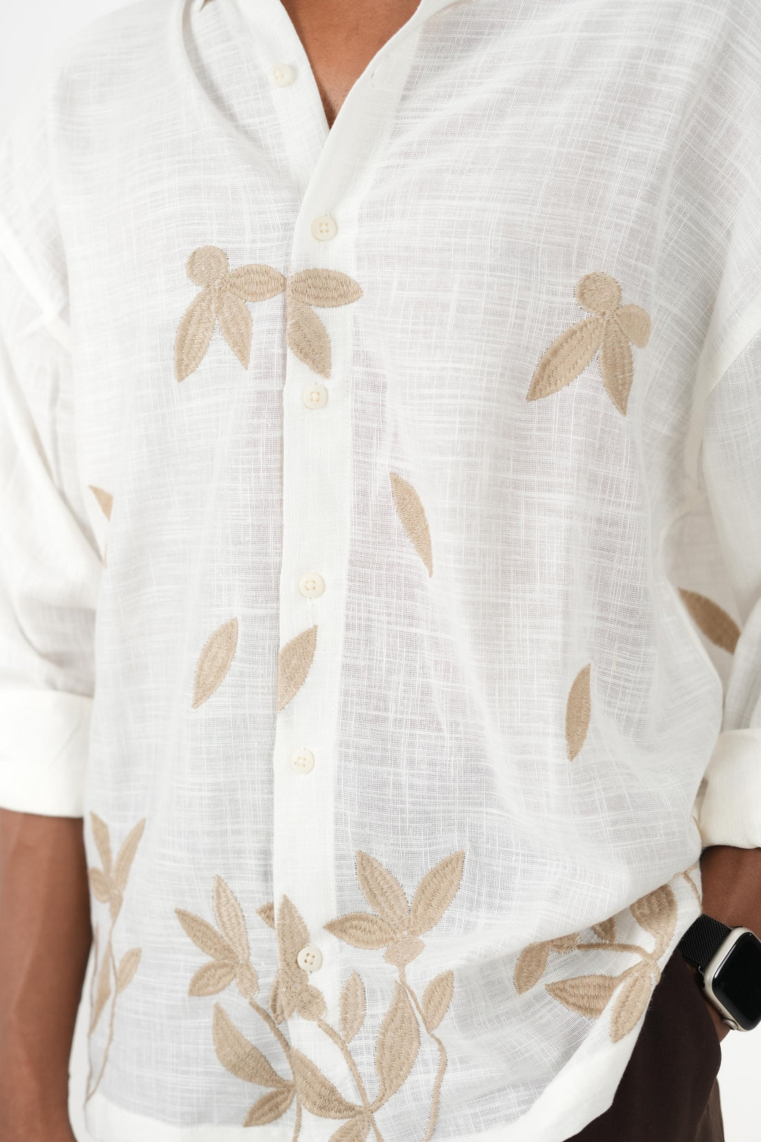 Oversized White Linen Shirt with Leaf Embroidery