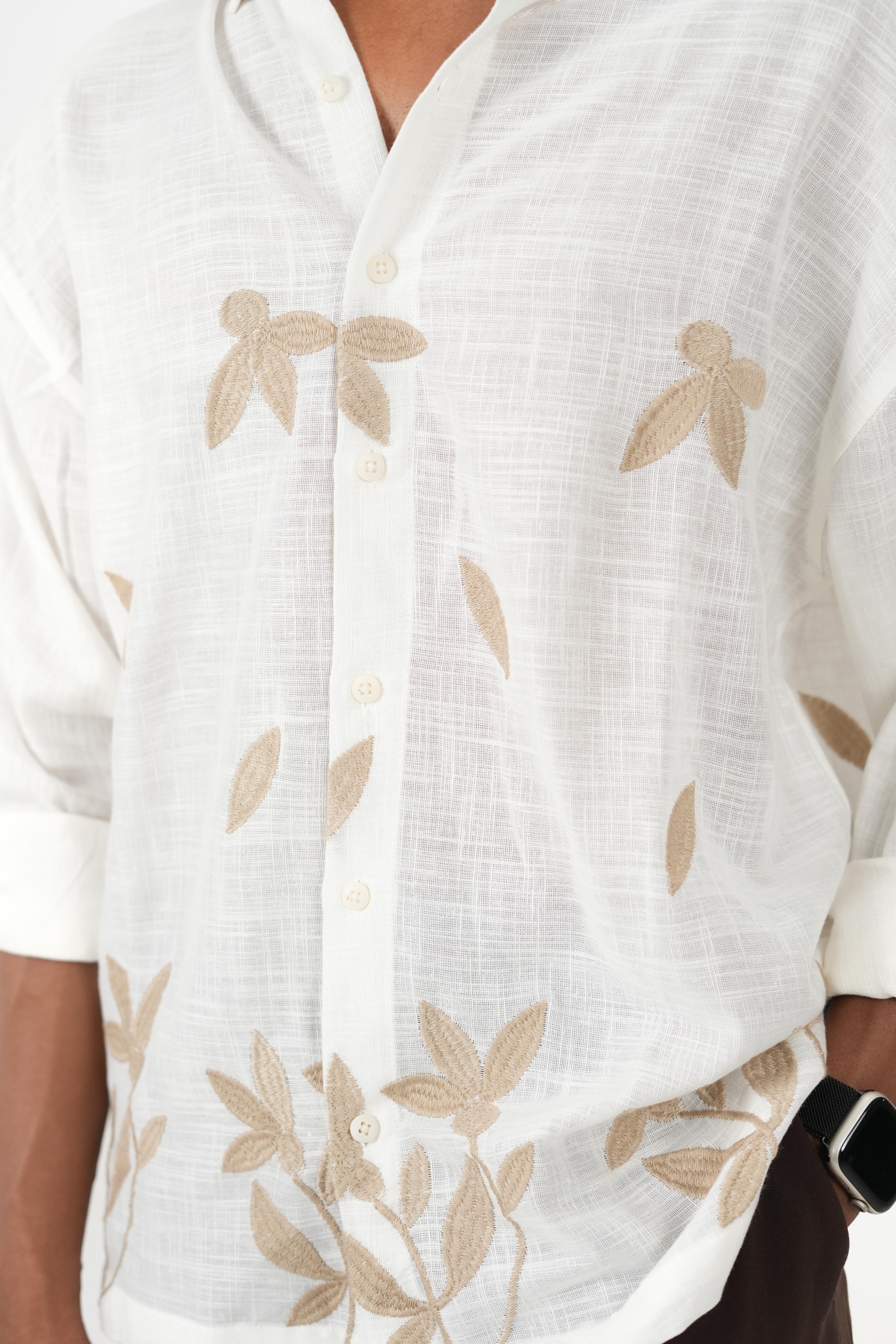 Oversized White Linen Shirt with Leaf Embroidery