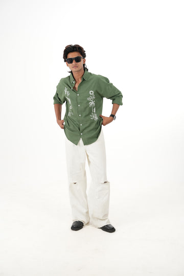 Olive Green Linen Shirt with "Island Sketch" Embroidery