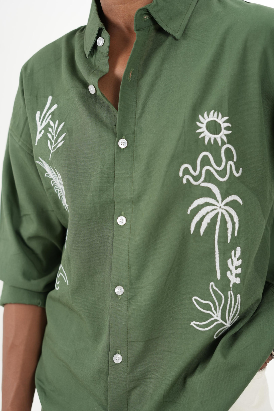 Olive Green Linen Shirt with "Island Sketch" Embroidery