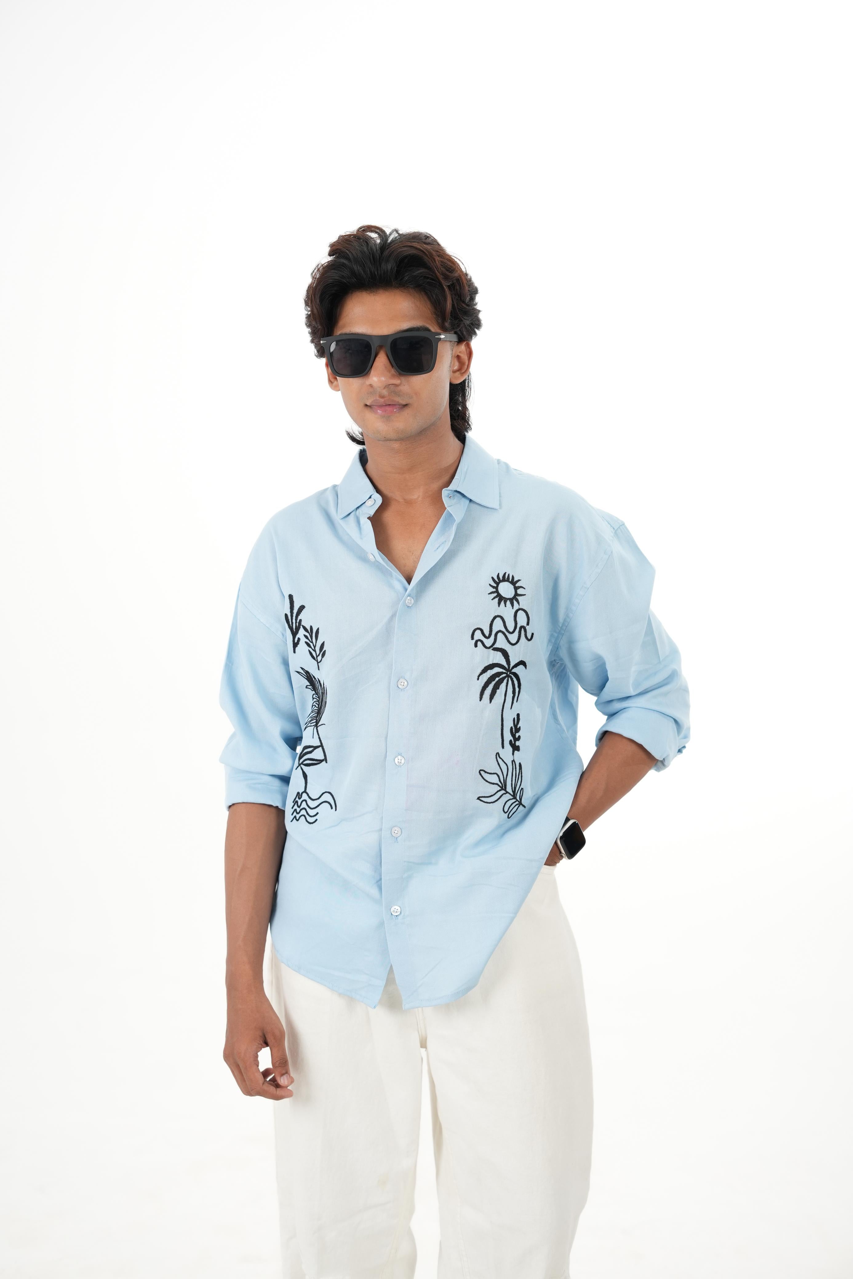 Sky Blue Linen Shirt with "Island Sketch" Embroidery