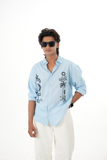 Sky Blue Linen Shirt with "Island Sketch" Embroidery