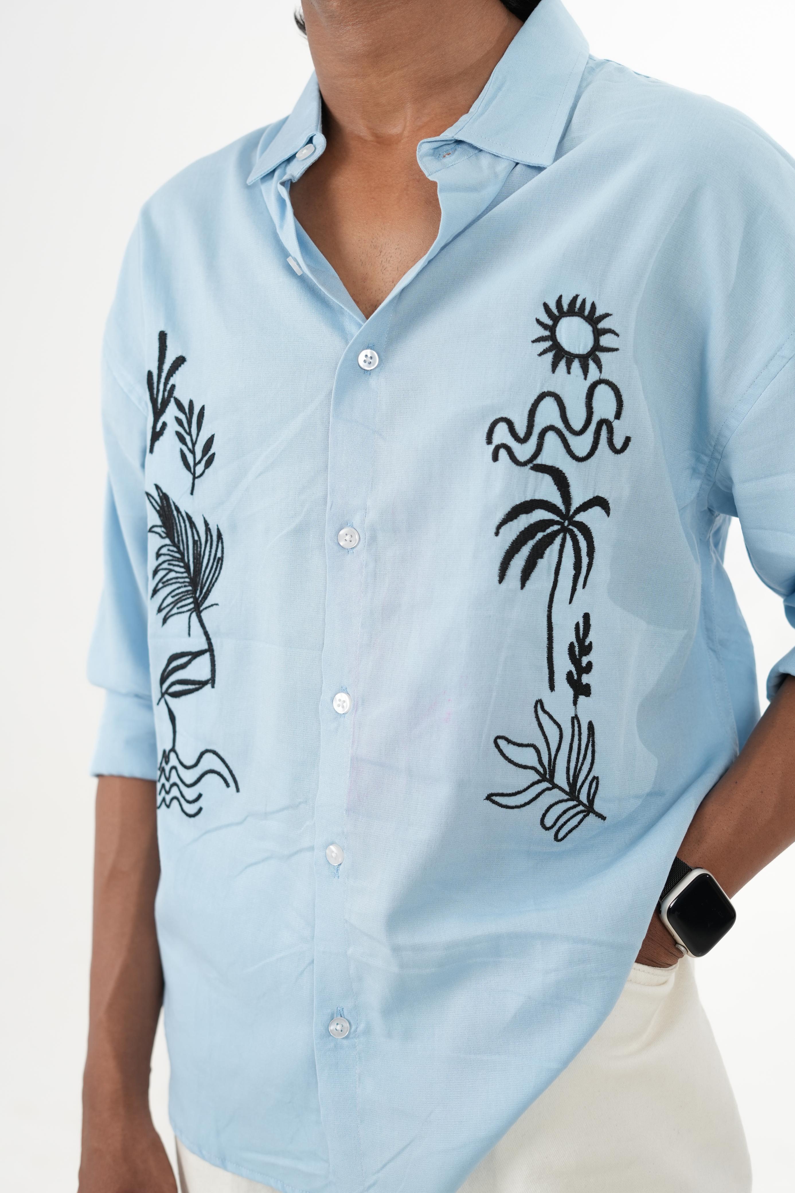Sky Blue Linen Shirt with "Island Sketch" Embroidery