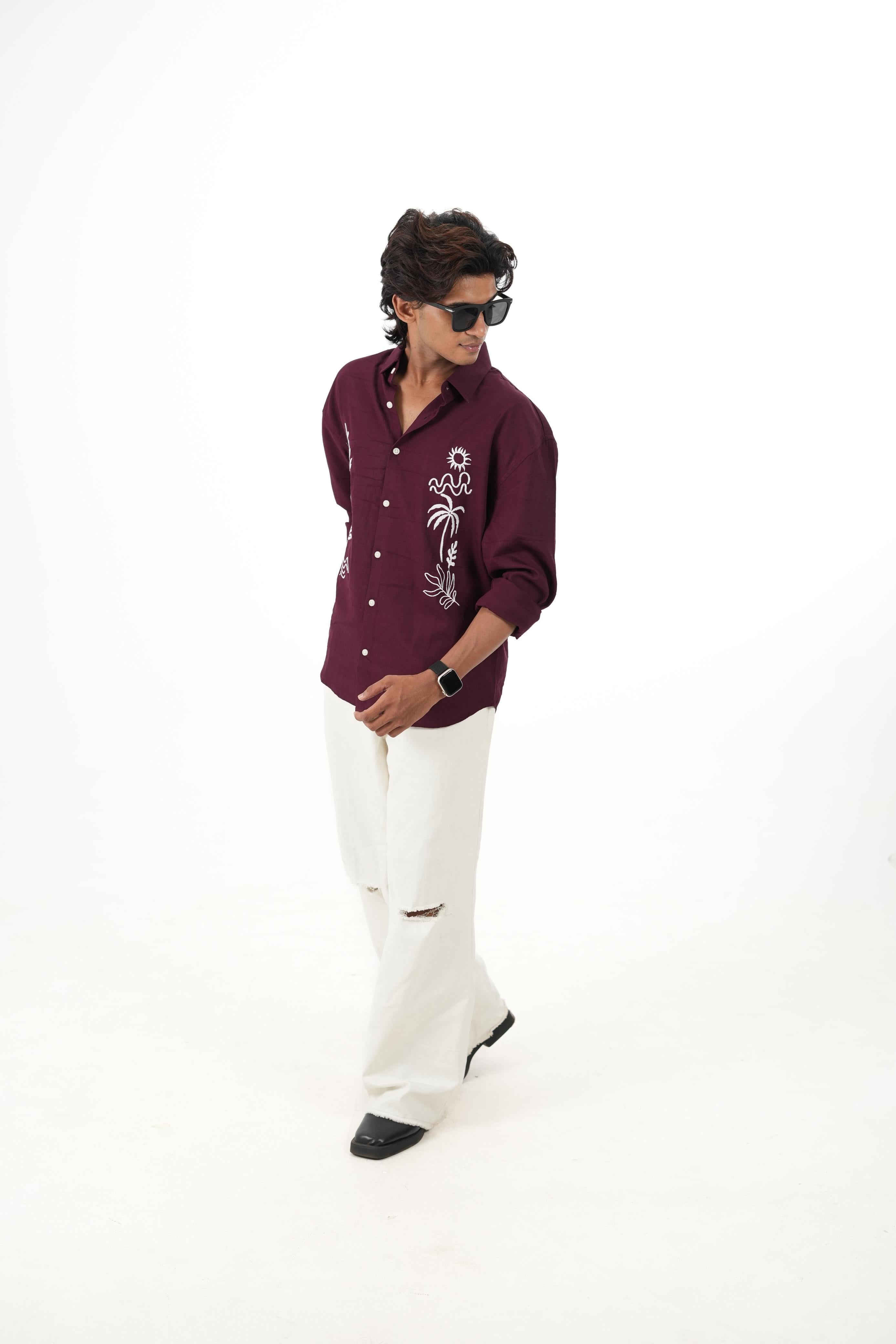 Meroon Linen Shirt with "Island Sketch" Embroidery