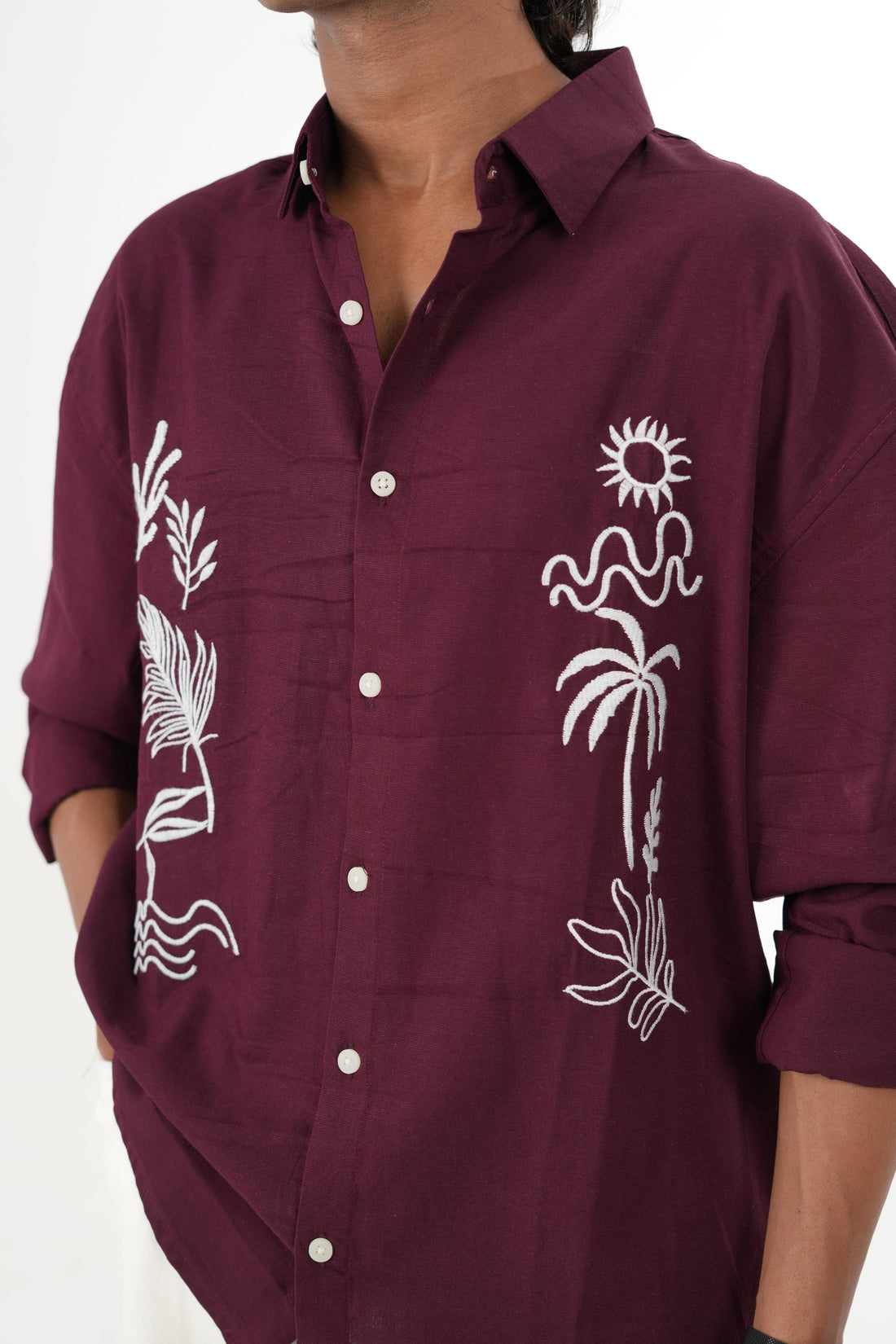 Meroon Linen Shirt with "Island Sketch" Embroidery