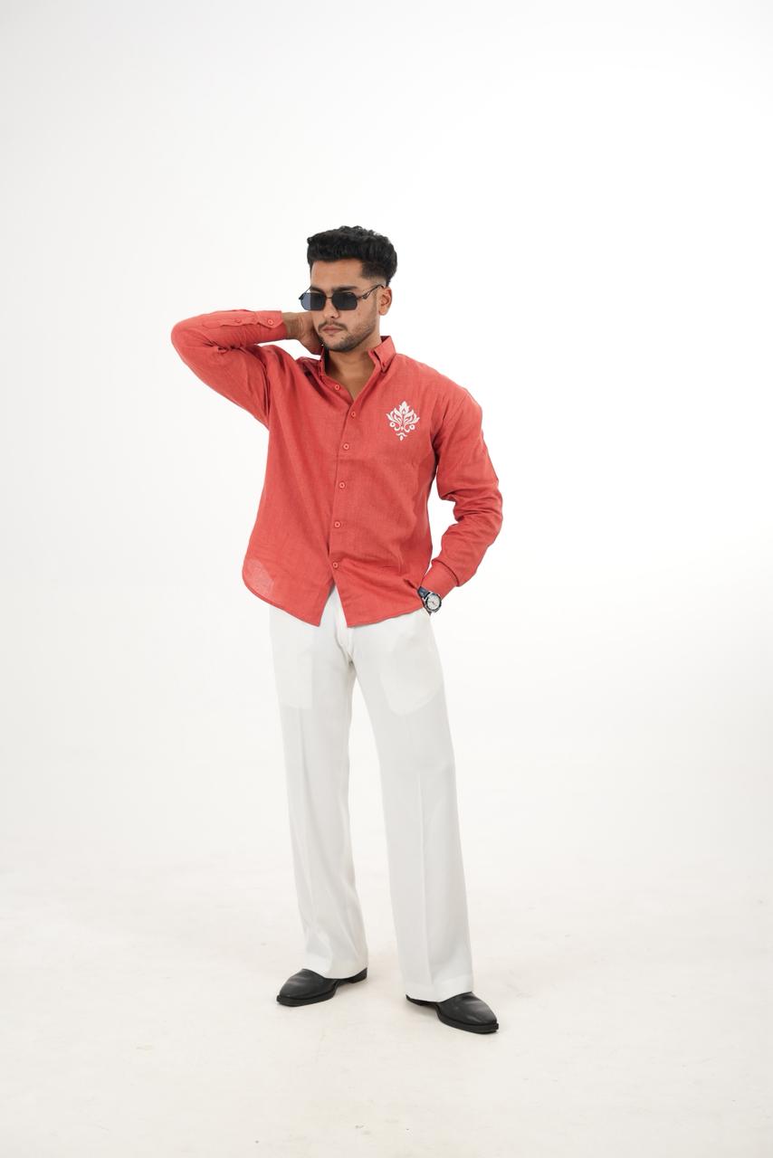 Premium Saffron Linen Shirt with "Royal Crest" Embroidery