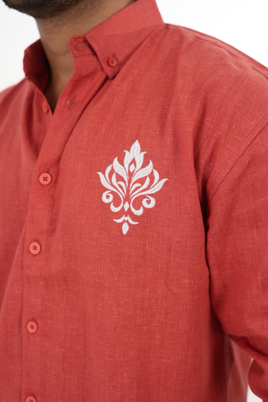 Premium Saffron Linen Shirt with "Royal Crest" Embroidery