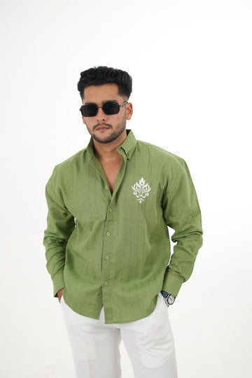 Premium Green Linen Shirt with "Royal Crest" Embroidery