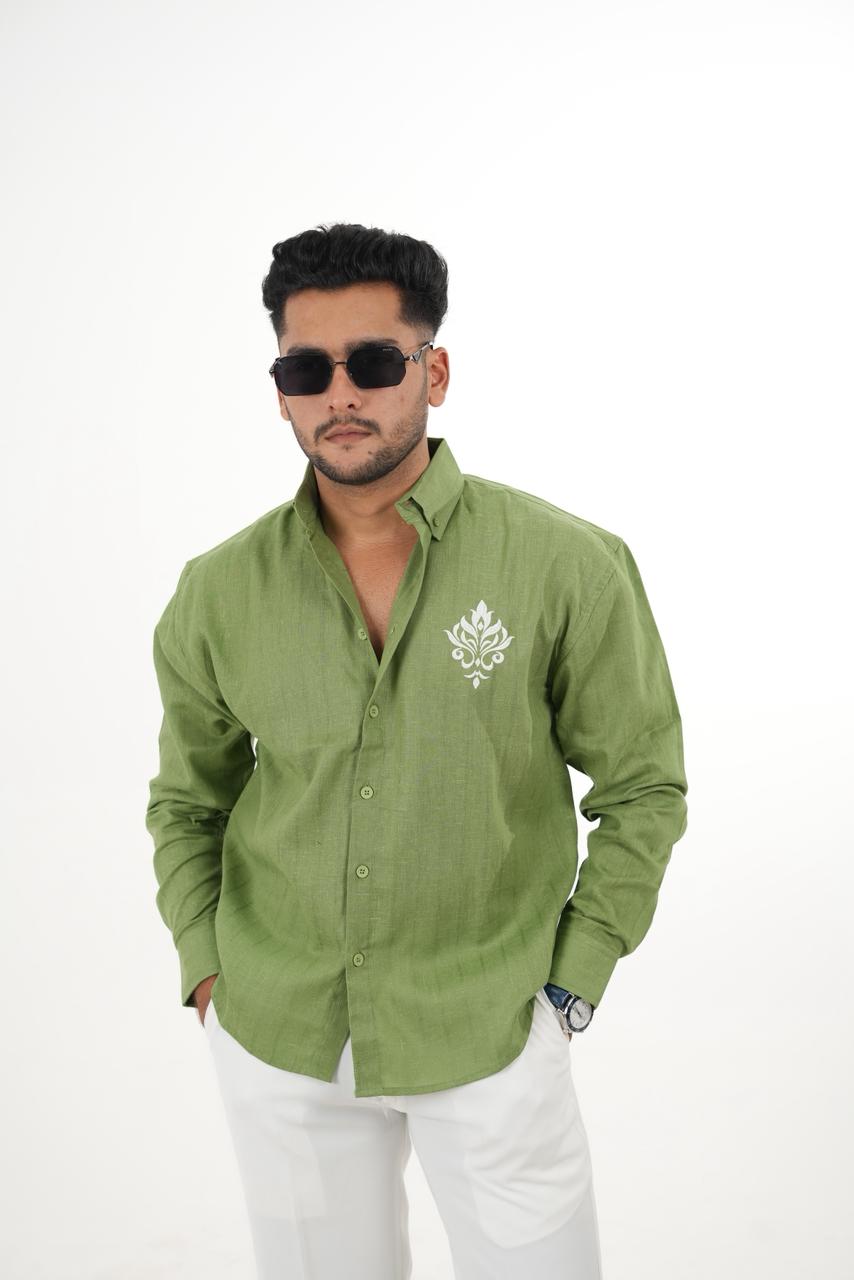 Premium Green Linen Shirt with "Royal Crest" Embroidery