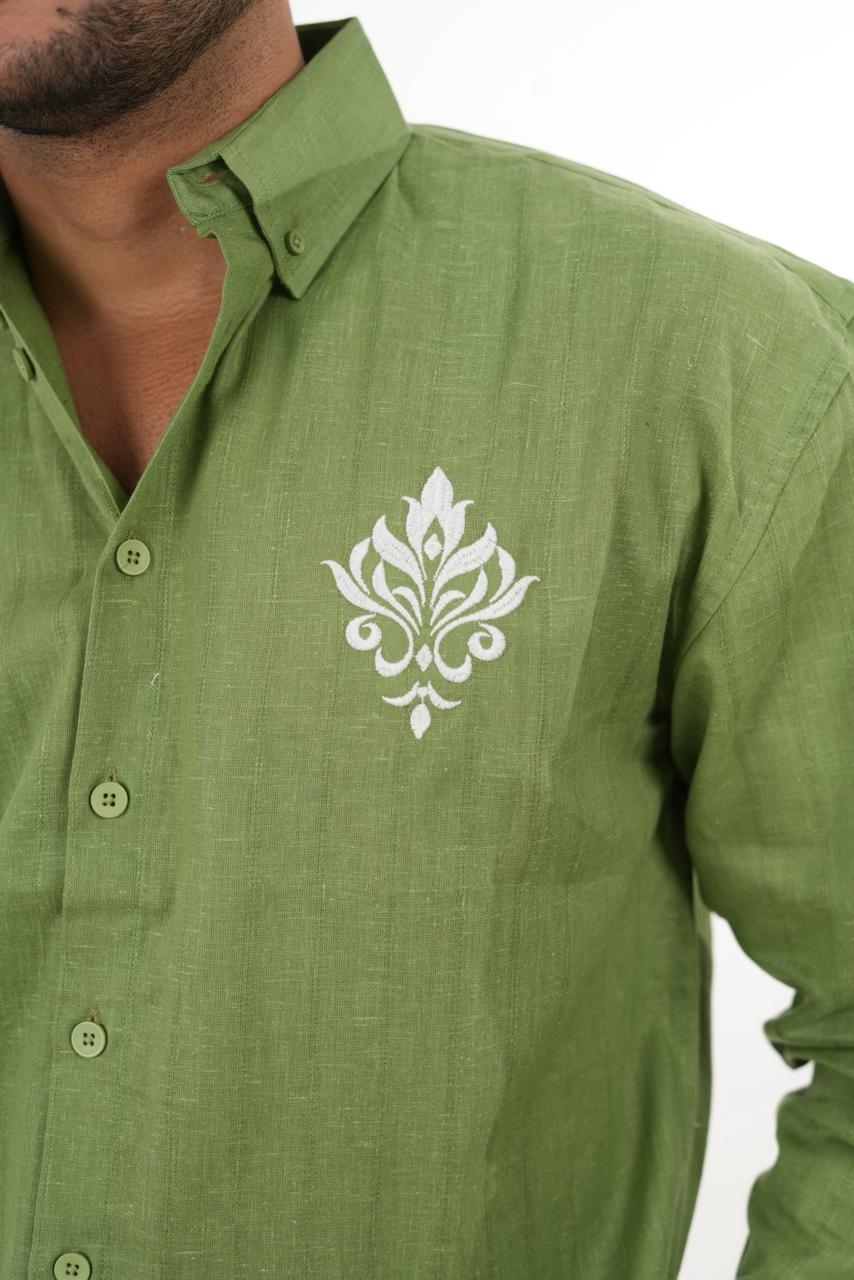 Premium Green Linen Shirt with "Royal Crest" Embroidery