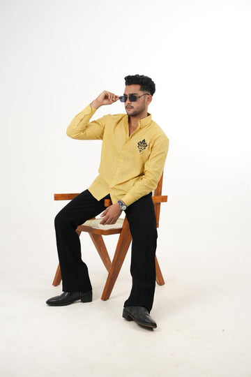 Premium Yellow Linen Shirt with "Royal Crest" Embroidery