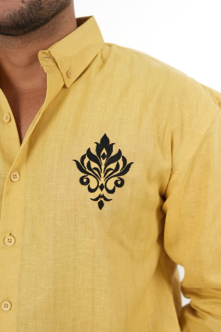 Premium Yellow Linen Shirt with "Royal Crest" Embroidery