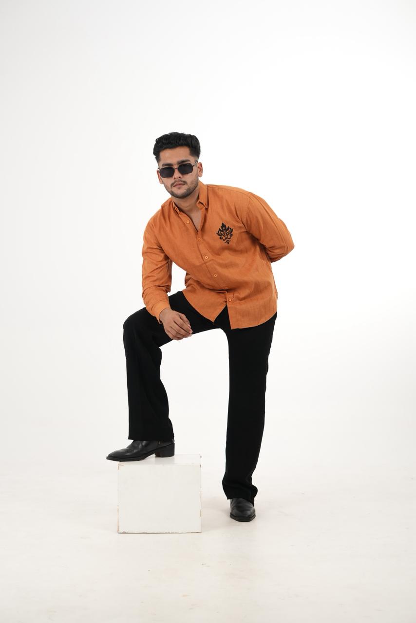 Premium Orange Linen Shirt with "Royal Crest" Embroidery