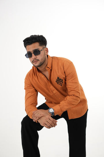 Premium Orange Linen Shirt with "Royal Crest" Embroidery
