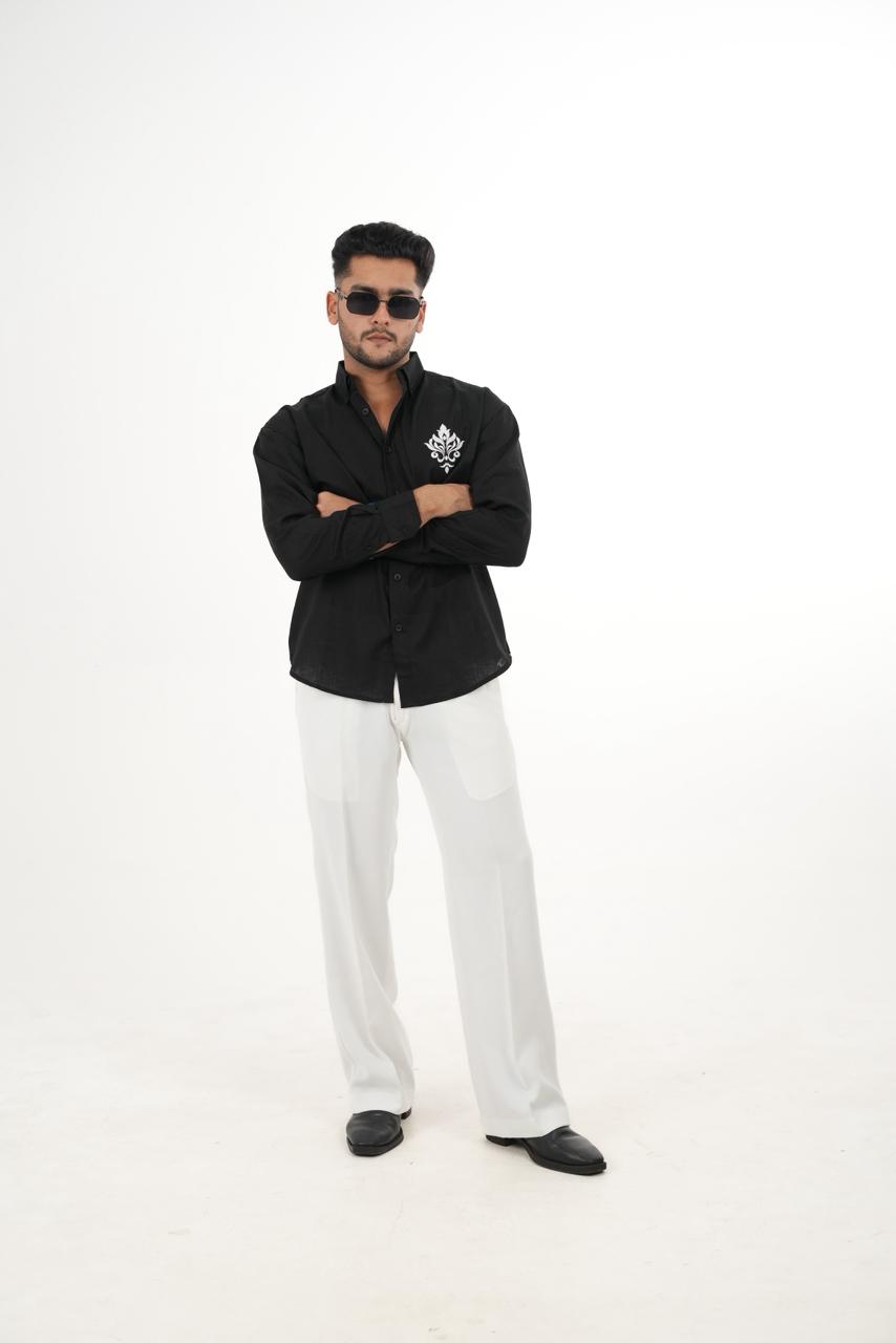 Premium Black Linen Shirt with "Royal Crest" Embroidery