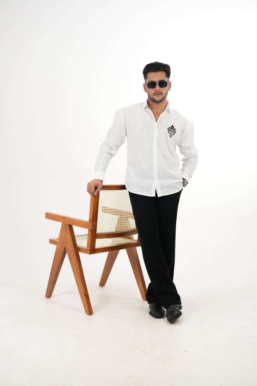 Premium White Linen Shirt with "Royal Crest" Embroidery