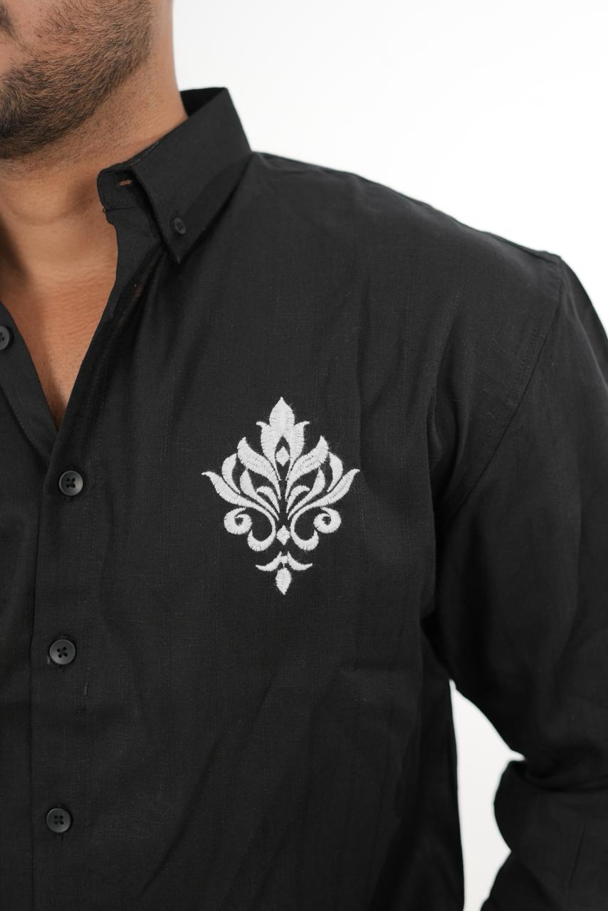 Premium Black Linen Shirt with "Royal Crest" Embroidery