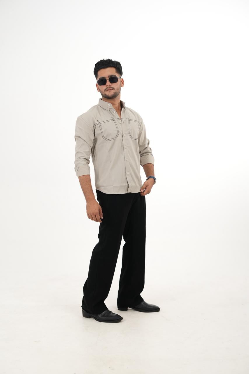 Imported Biege Shirt with "Linear Frame" Embroidery