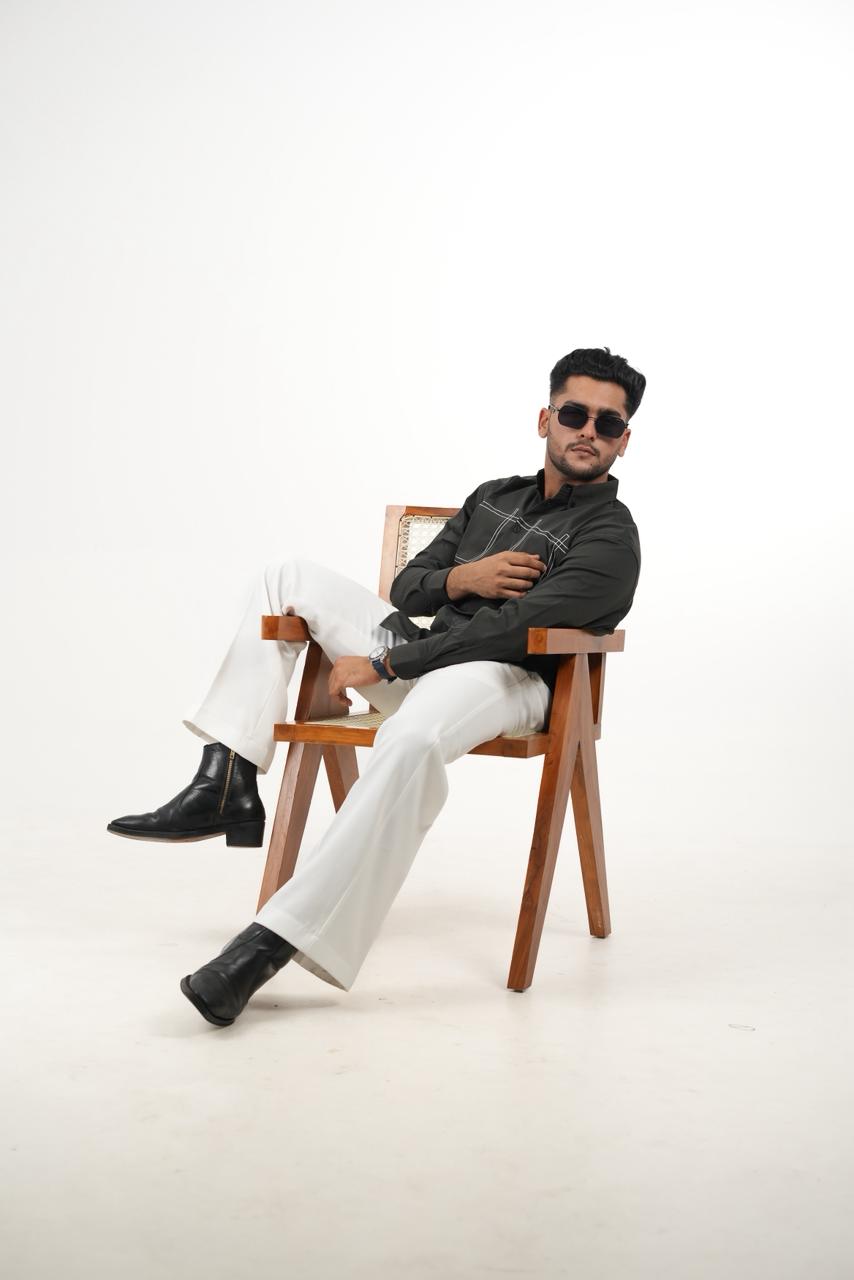 Imported Black Shirt with "Linear Frame" Embroidery