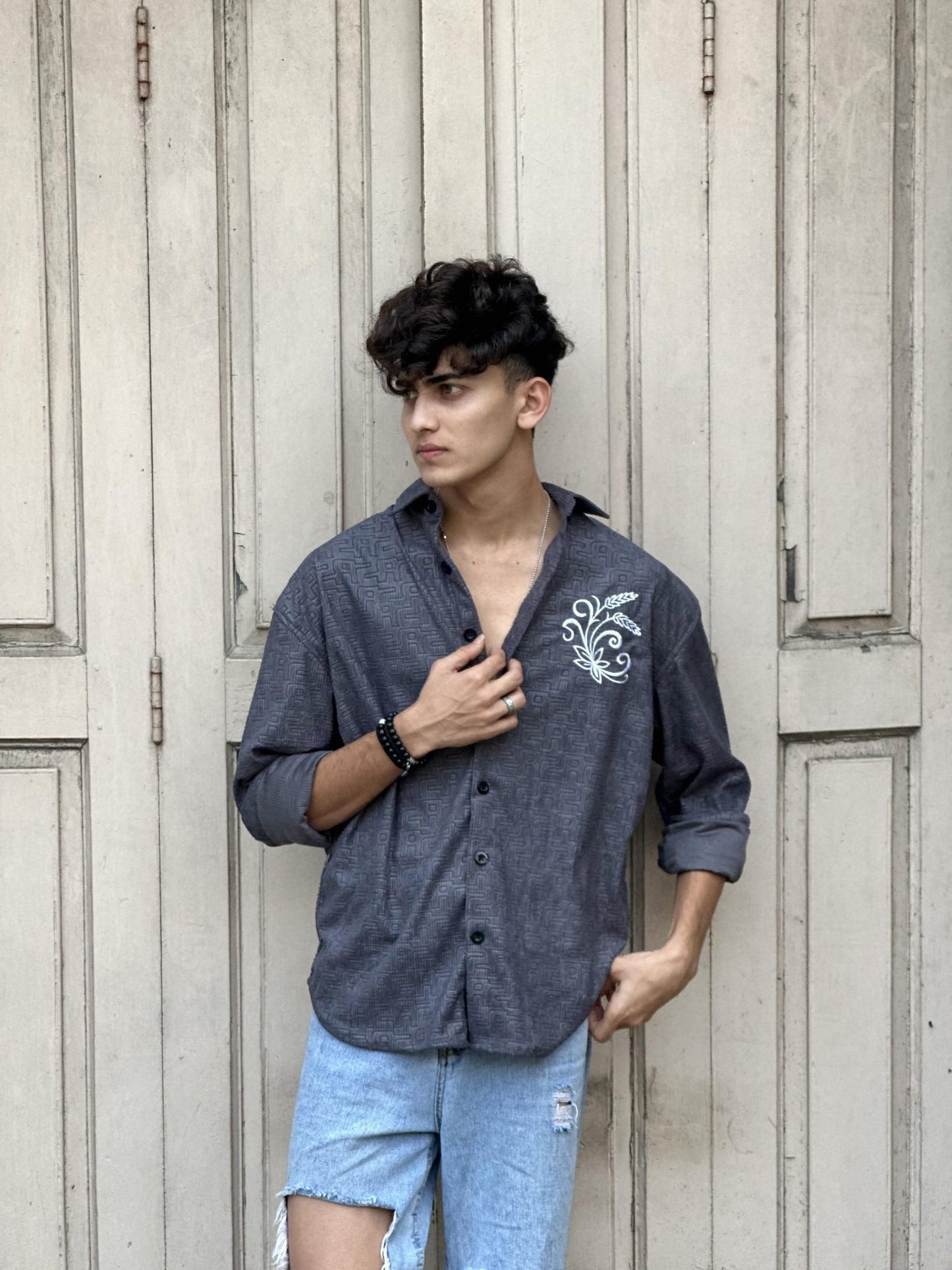 FULL SLEEVE OVERSEIZED SHIRT WITH EMPROIDERY - My Store